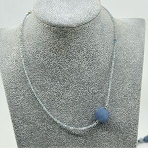 New Handmade Aquamarine 2mm Strand with Hello Kitty Angelite Bead Necklace 16”